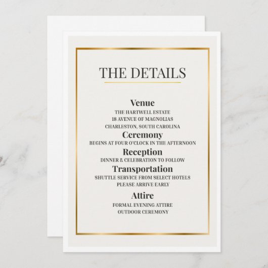 Minimalist Wedding Details Card – Gold Border 招待状 (正面/裏面)