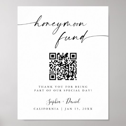 Minimalist Wedding Honeymoon Fund QR Code Sign ポスター (正面)
