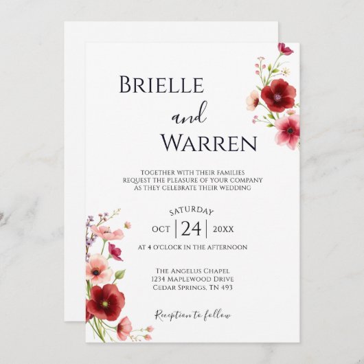 Minimalist Wedding Invitation Wild Flowers 招待状 (正面/裏面)