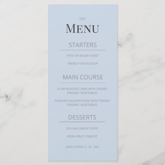 Minimalist Wedding Menu | Dusky Blue メニュー (正面)