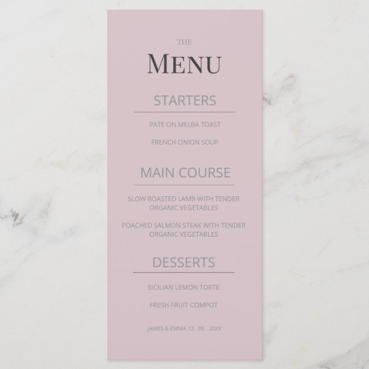 Minimalist Wedding Menu Dusky Rose メニュー (正面)
