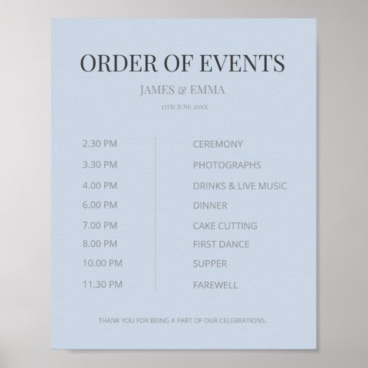 Minimalist Wedding Order of Events Dusky Blue ポスター (正面)