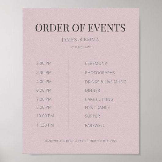 Minimalist Wedding Order of Events Dusky Rose ポスター (正面)