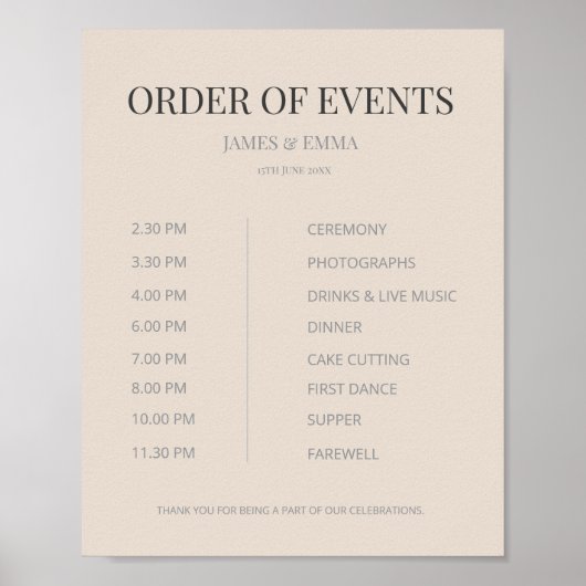 Minimalist Wedding Order of Events Soft Latte ポスター (正面)