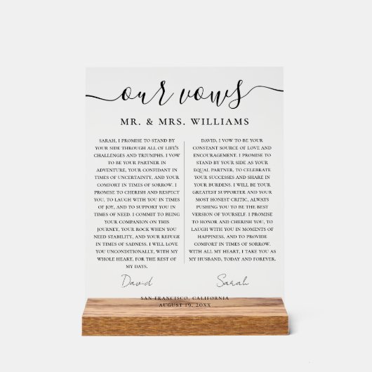 Minimalist Wedding Our Vows with Elegant Script アクリルサイン (正面)