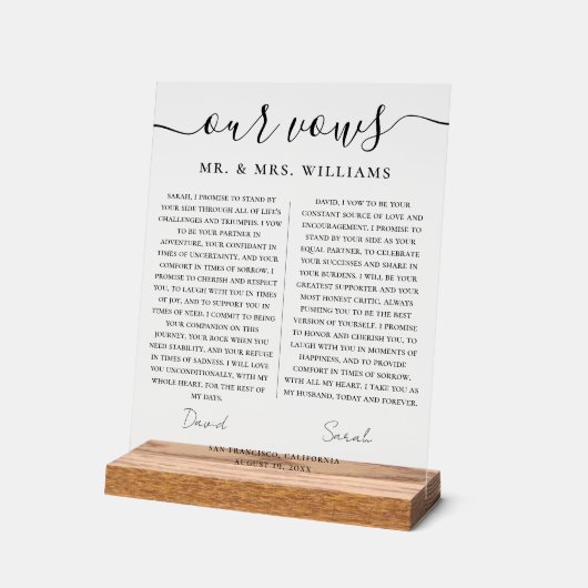 Minimalist Wedding Our Vows with Elegant Script アクリルサイン (傾斜)