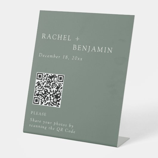 Minimalist Wedding Photo Share QR Code Sage Green 台座サイン (正面)