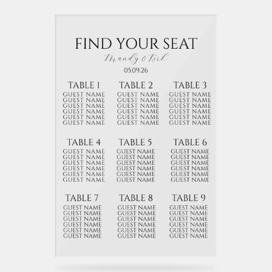 Minimalist Wedding Seating Chart | Custom Modern アクリルサイン (正面)