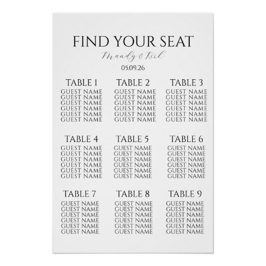Minimalist Wedding Seating Chart | Custom Modern  ポスター (正面)