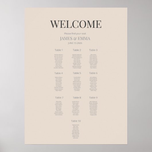 Minimalist Wedding Seating Plan (10) Soft Latte ポスター (正面)
