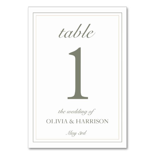 Minimalist Wedding Table Number Card – Sage Green テーブルナンバー (正面)