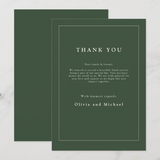 Minimalist Wedding Thank You Card Dark Green Chic サンキューカード (正面/裏面)