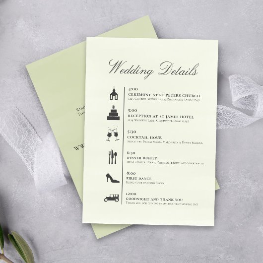 Minimalist Wedding Timeline QR Code Details Green エンクロージャーカード