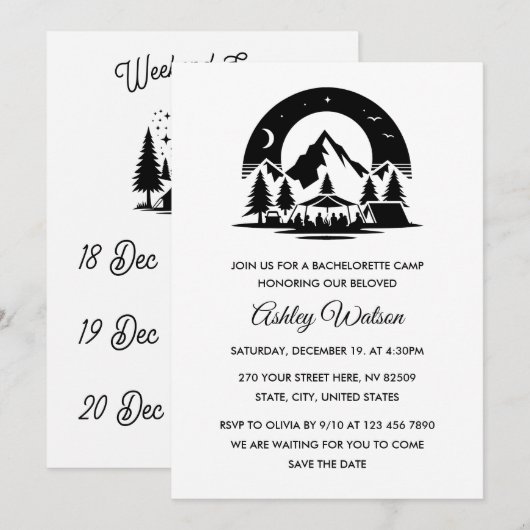 Minimalist Weekend Camping Bachelorette Party 招待状 (正面/裏面)