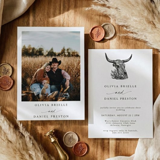 Minimalist Western Cow Skull Rustic Photo Wedding 招待状