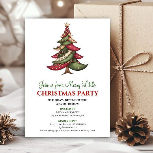 Minimalist whimsical Christmas tree holiday invite 招待状
