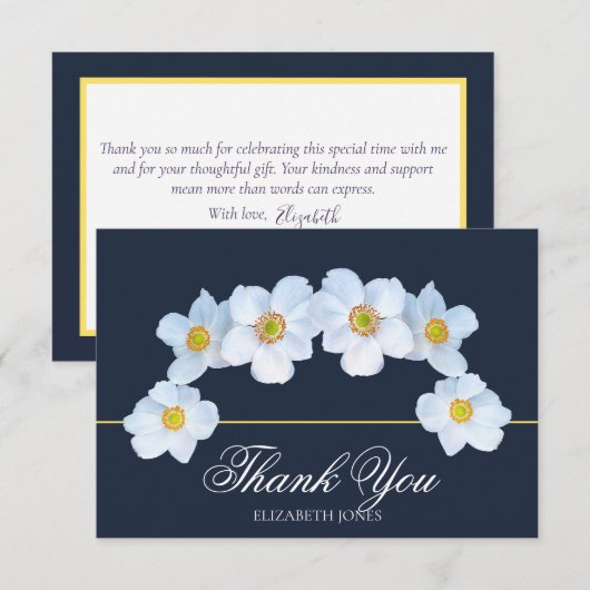 Minimalist White Anemone Bridal Shower Thank You サンキューカード (正面/裏面)