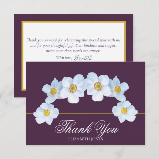 Minimalist White Anemone Bridal Shower Thank You サンキューカード (正面/裏面)
