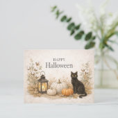 Minimalist White Cotton Stems Eucalyptus Halloween シーズンポストカード (スタンド正面)