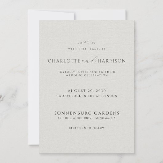 Minimalist White Faux Linen Wedding Invitation 招待状 (正面)