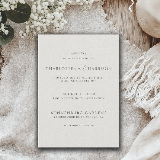 Minimalist White Faux Linen Wedding Invitation 招待状