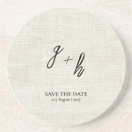 Minimalist White Linen Vintage Save Date Initials コースター