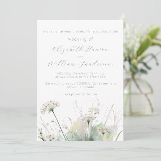 Minimalist White Meadow Wildflower Wedding 招待状 (スタンド正面)