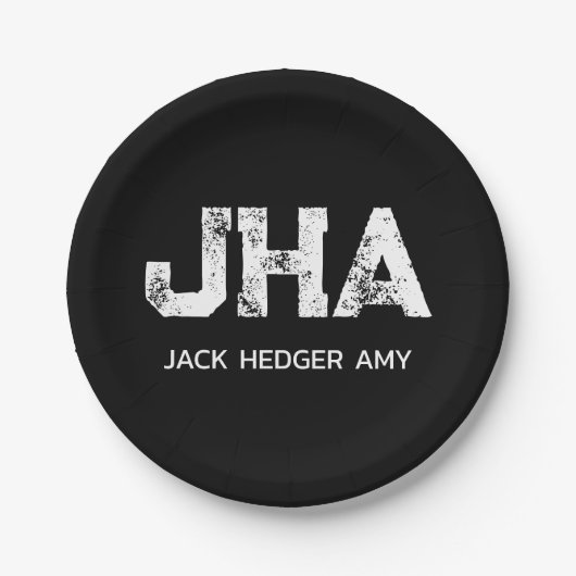 MINIMALIST WHITE THREE LETTER MONOGRAM NAME BLACK ペーパープレート (正面)