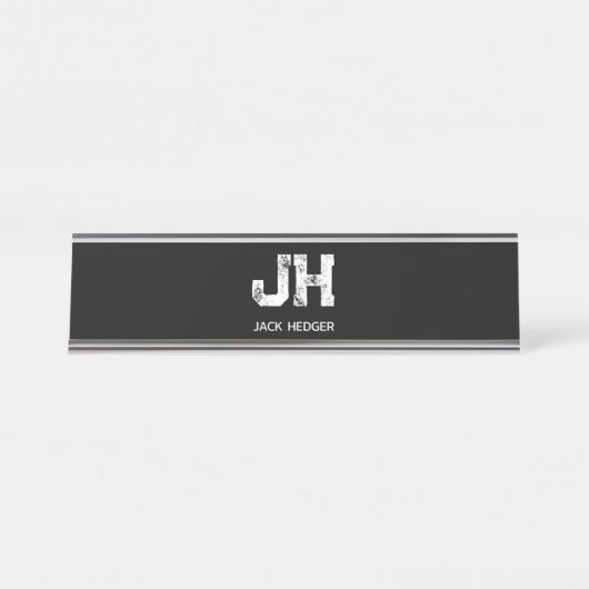 MINIMALIST WHITE TWO LETTER MONOGRAM NAME BLACK  デスクネームプレート (正面)