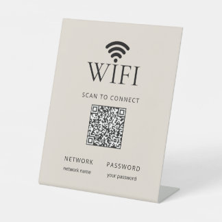 Minimalist WiFi Password Desk Sign QR Code Beige 台座サイン
