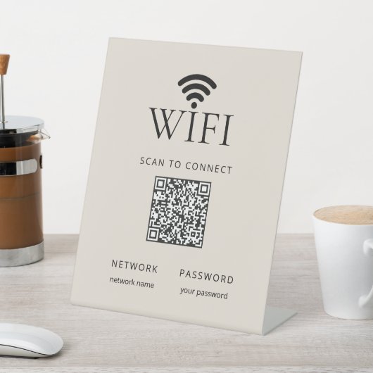 Minimalist WiFi Password Desk Sign QR Code Beige 台座サイン (インサイチュ)
