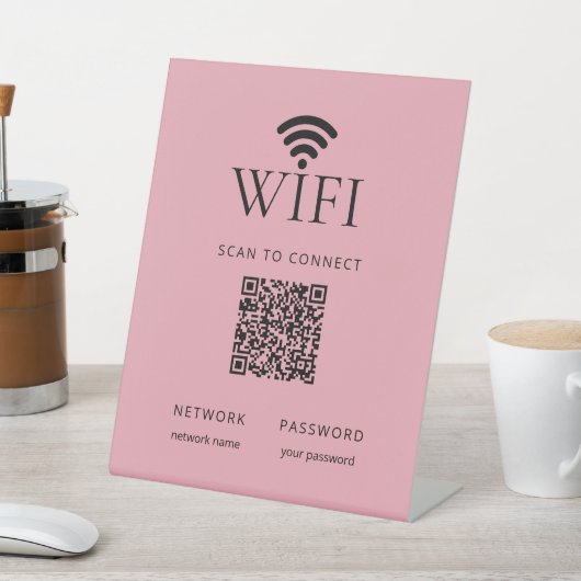 Minimalist WiFi Password Desk Sign QR Code  Pink 台座サイン (インサイチュ)