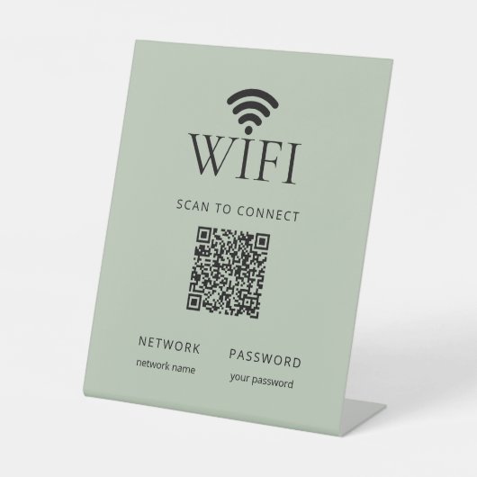 Minimalist WiFi Password Sign QR Code Sage Green 台座サイン (正面)