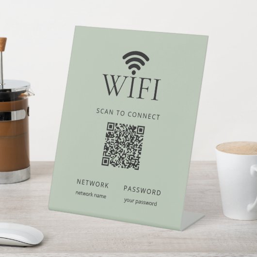 Minimalist WiFi Password Sign QR Code Sage Green 台座サイン (インサイチュ)
