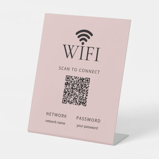 Minimalist WiFi Password Sign with QR Code Pink 台座サイン (正面)