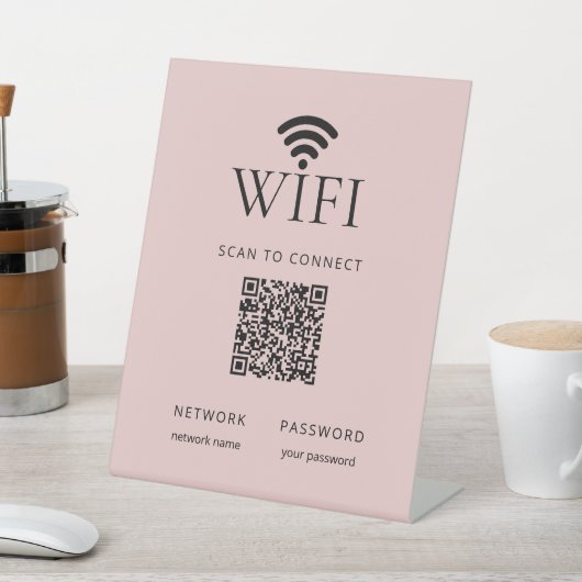 Minimalist WiFi Password Sign with QR Code Pink 台座サイン (インサイチュ)