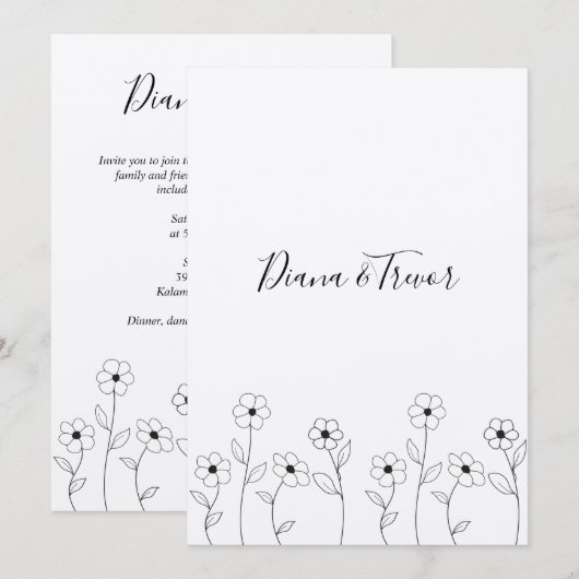 Minimalist Wild Flowers Wedding Monogram Design 招待状 (正面/裏面)