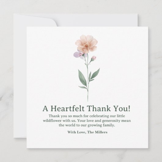 Minimalist Wildflower Baby Shower Thank You Card サンキューカード (正面)