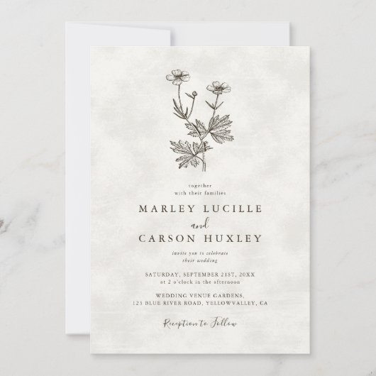 Minimalist Wildflower Ivory Texture Wedding 招待状 (正面)