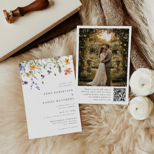 Minimalist Wildflower QR Code  Photo Wedding Invit 招待状