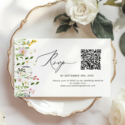 Minimalist Wildflower QR code wedding RSVP エンクロージャーカード