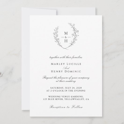 Minimalist Wildflower Wreath Boho Monogram Wedding 招待状 (正面)