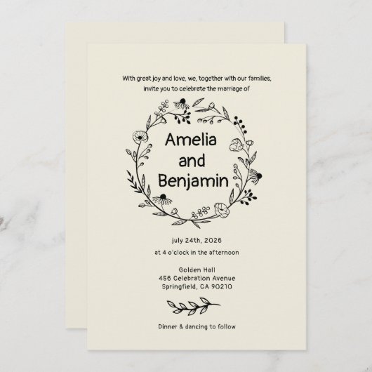 minimalist Wildflower Wreath Folk Rustic Wedding  招待状 (正面/裏面)