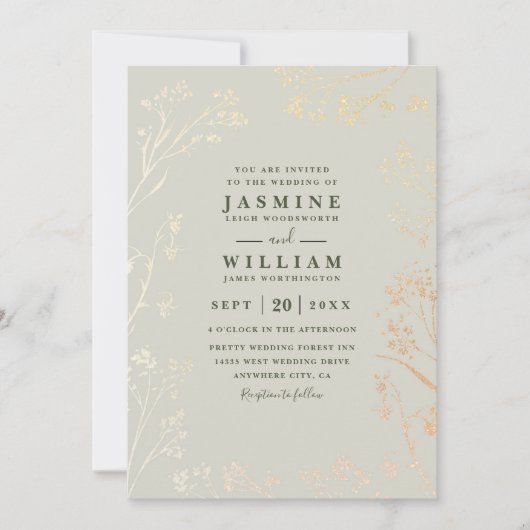 Minimalist Wildflowers Sage Rustic QR Code Wedding 招待状 (正面)