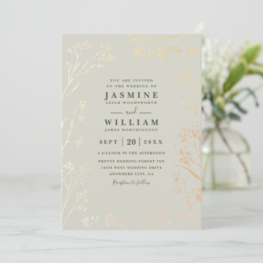 Minimalist Wildflowers Sage Rustic QR Code Wedding 招待状 (スタンド正面)