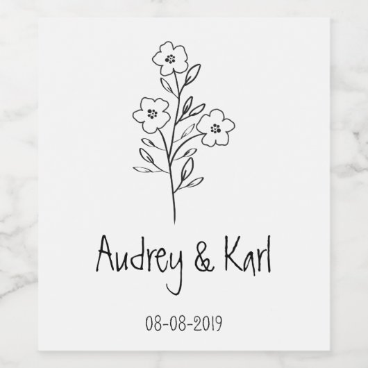 Minimalist Wildflowers Wedding Monogram Design ワインラベル (シングルラベル)