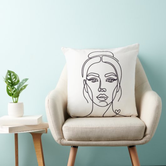 Minimalist Woman Face Line Art Throw Pillow クッション (椅子)
