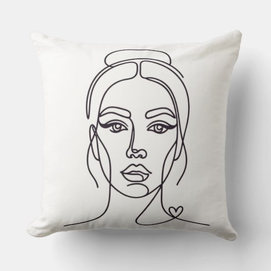 Minimalist Woman Face Line Art Throw Pillow クッション (正面)