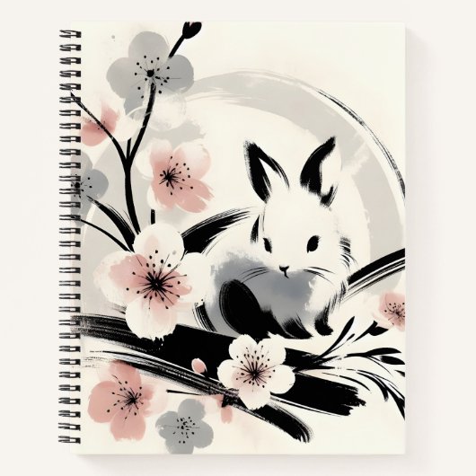 Minimalist Zen Ink Bunny Cherry Blossoms ノートブック (正面)