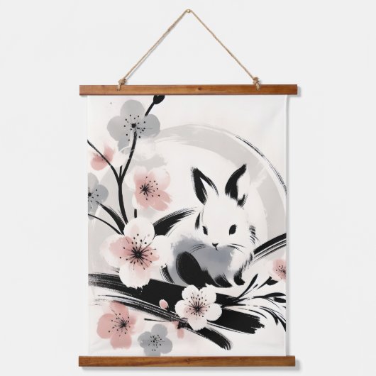 Minimalist Zen Ink Bunny Cherry Blossoms 吊り下げ型タペストリー (正面)